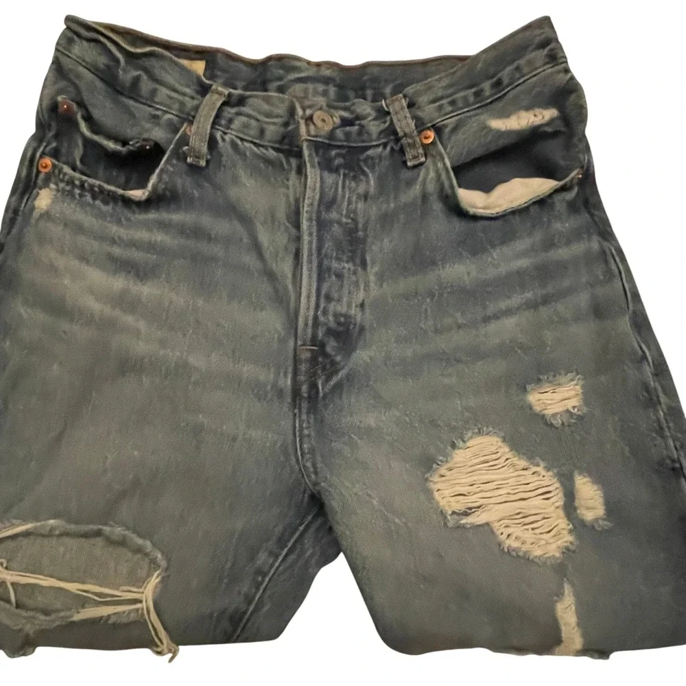 Levis Premium 501 Original Fit Distressed Jeans W28 L30 Blue Cotton Button Fly